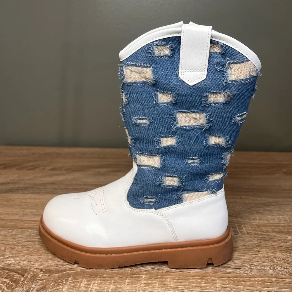 Girls White & Denim Distressed Zip Boots – Size 1